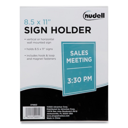 Nudell Plastic All-Purpose Mountable Sign Holder, Magnetic/Hook-Loop, Horizontal/Vertical, 8.5 x 11 Insert 37085Z